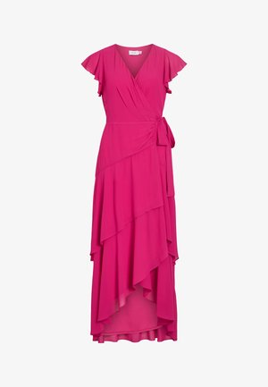 Fukszia átlapolt ruha csillogó ujjakkal, V-nyakkivágással, oldalsó megkötős derékkal és aszimmetrikus réteges szegéllyel, könnyű anyagból készült.