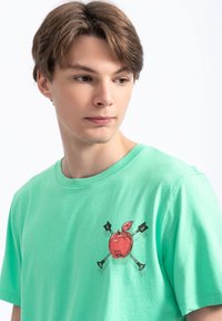 Mintgroene katoenen T-shirt met een grafisch ontwerp van een rode appel en gekruiste pijlen op de borst, voorzien van een ronde hals en korte mouwen.