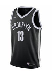 Maillot NBA noir avec "BROOKLYN" en lettres blanches et le numéro "13" au dos. Logo Nike sur le devant, tissu texturé et col en V.