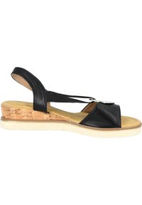 Schwarze Leder-Slingback-Sandale mit Korkwedge-Absatz und elastischem Riemen. Offenes Zehendesign mit glatter Textur und hellfarbiger Sohle.