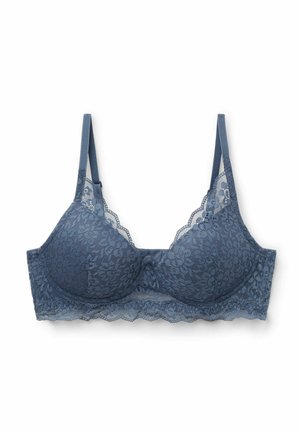 Lace bra in dark blue featuring floral patterns, padded cups, adjustable straps, and a scalloped trim design along the band.