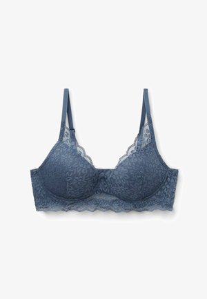 Dunkelblauer Spitzen-BH mit floralem Muster, gepolsterten Cups, verstellbaren Trägern und einem gewellten Besatz entlang des Unterbrustbandes.