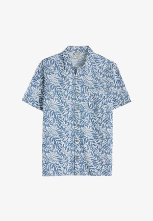 Korte mouwen overhemd in witte stof met een blauw bladerenpatroon, voorzien van een klassieke kraag en bruine knopen aan de voorkant.