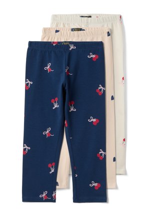 Drei Kinderleggings in Marineblau, Beige und Off-White mit roten Kirsch- und Schleifenmustern, ordentlich gestapelt.