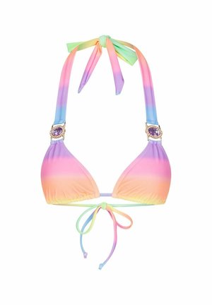 Bikini triangle aux couleurs dégradées de l'arc-en-ciel. Présente des bretelles à nouer et un fermoir décoratif avec un accent en gemme violette. Texture de tissu lisse.