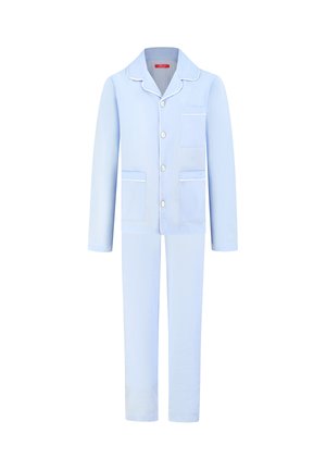 Light blue pajama set made of soft fabric. Features a button-up top with a chest pocket, white piping, and matching straight-leg pants.