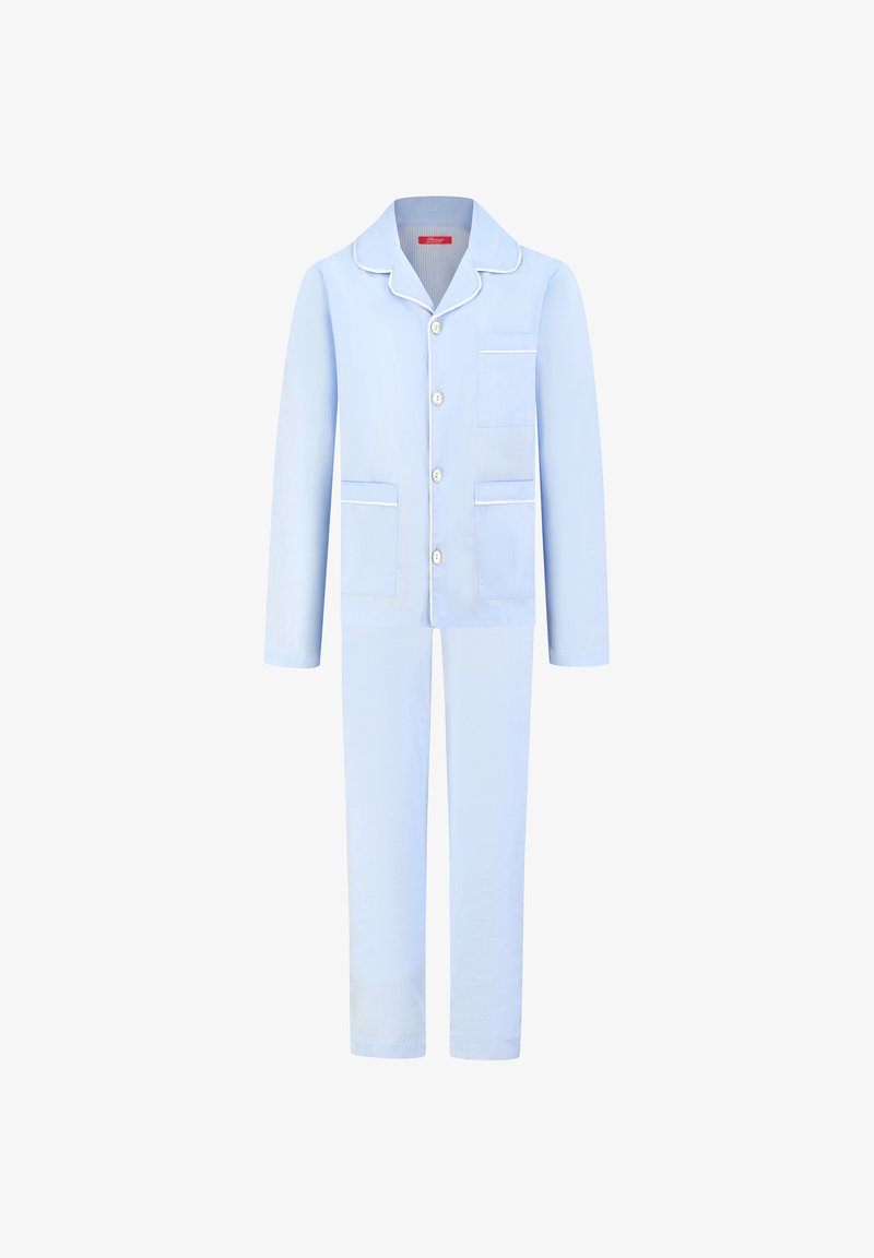 Hellblaues Schlafanzug-Set aus weichem Stoff. Mit einer knöpfbaren Oberseite, einer Brusttasche, weißen Paspeln und passenden geraden Hosen.