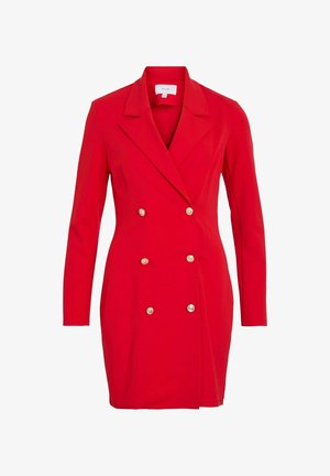 Rød dobbeltradet blazer kjole lavet af glat stof, med lange ærmer, en indsatskrave og metallic sølv knapper som detaljer.