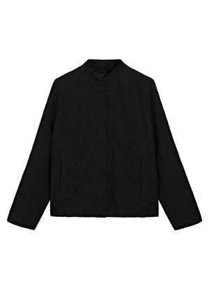 Black jacket with a textured, patterned surface, mandarin collar, and long sleeves. Features two front pockets and an elastic hem.