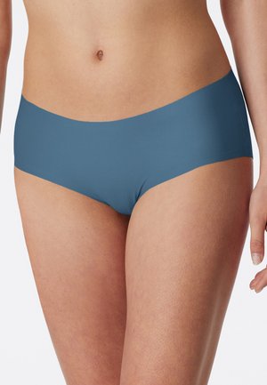 L'intimo hipster blu presenta un tessuto liscio e elastico con un design senza cuciture e senza hardware o motivi visibili.