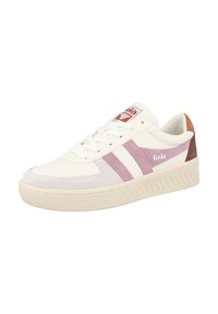 White sneaker with lavender suede accents and contrasting brown heel. Rubber sole with textured tread and logo on the tongue and side.