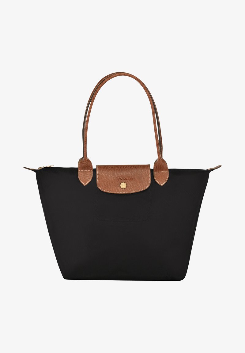 Schwarze Nylon-Tote-Tasche mit braunen Lederakzenten und -griffen. Verfügt über einen Druckverschluss und eine Fronttasche mit einem Logo-Detail.
