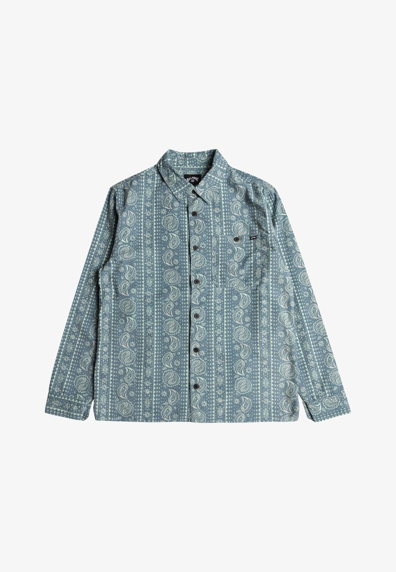 Button-up shirt with a light blue paisley pattern, long sleeves, a chest pocket, and black buttons on the front. Soft fabric texture.