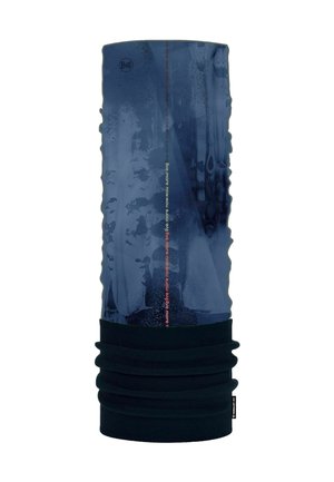 Gaiter de cuello multifuncional con un diseño azul oscuro y acabado texturizado, y parte inferior recogida en negro. Incluye texto impreso colorido.