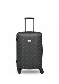 Maletín rígido negro con patrón de diamantes, mango retráctil, cuatro ruedas, placa de logo dorada y esquinas redondeadas para resistir impactos.