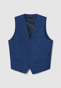 Gilet formale da uomo blu a quadri con cinque bottoni e due tasche frontali, esposto piatto su uno sfondo chiaro.