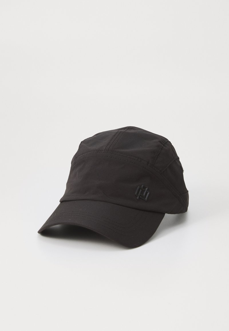 Black cap made from lightweight fabric. Features a curved brim, stitched detailing, and a logo accent on the front.
