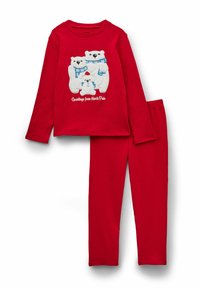 Red long-sleeve pajama set featuring an embroidered design of polar bears, with blue accents and coordinating red pants.
