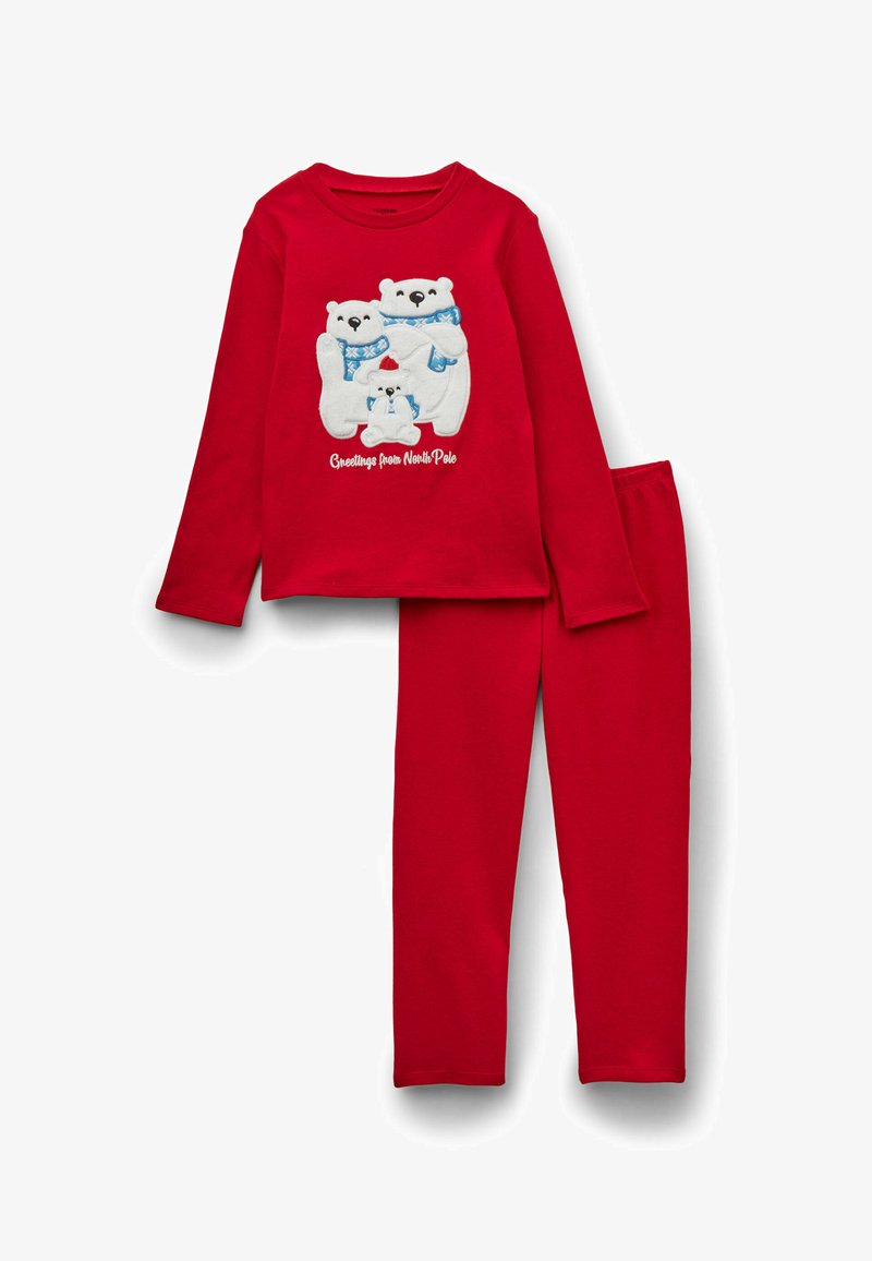 Rotes langärmeliges Pyjama-Set mit einem gestickten Design von Eisbären, blauen Akzenten und passenden roten Hosen.