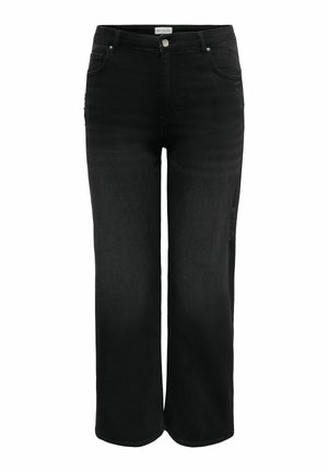 Črne kavbojke z visokim pasom in ravnimi hlačnicami, sprednjimi in zadnjimi žepi, zapiranjem na gumb in zadrgo ter rahlim poškodbam na desnem stegnenem delu.