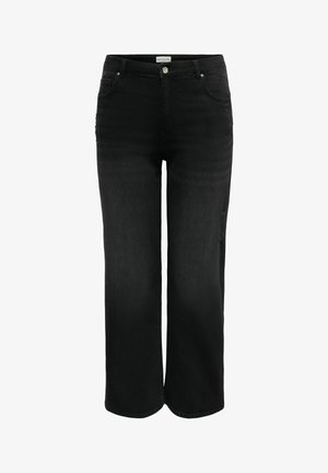 Czarne dżinsy o prostych nogawkach i wysokim stanem, z kieszeniami z przodu i z tyłu, zapięciem na guzik i zamek oraz delikatnym efektem przetarcia na prawej udzie.