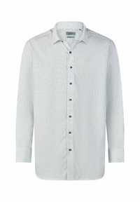 Weißes Herrenhemd mit langen Ärmeln und Knopfleiste, mit kleinem schwarzem Punktmuster und klassischem Kragen, mit dem Label "Modern Fit" von Pierre Cardin.