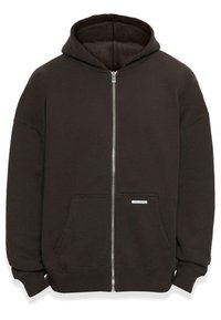 Schwarze Zip-up-Hoodie aus weichem Baumwollgemisch; mit Kängurutasche, gerippten Bündchen und einem kleinen Logotag auf der Vorderseite.