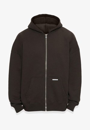 Fekete zippes kapucnis pulóver puha pamut keverékből; kenguruzseb, bordázott mandzsetta és egy kis logótartó található az elején.