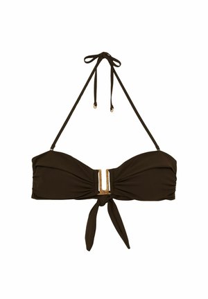 Barna bikinifelső pántnélküli dizájnnal, állítható nyakékkel és arany fémes díszítéssel a közepén. Sima textúra.