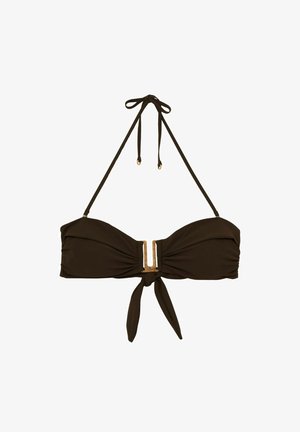 Top de bikini maro, cu design fără bretele, cu șnururi reglabile în jurul gâtului și un accent metalic aurit în centru. Textură netedă.