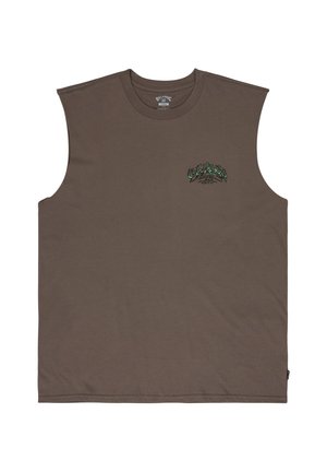 Maglietta marrone smanicata in morbido cotone, con un piccolo motivo grafico verde e nero sul lato sinistro del petto. Stile semplice con scollo tondo.