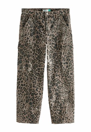Leoparddruck-Cargo-Hosen in einem Braun- und Schwarztönen. Mit Seitentaschen, geradem Schnitt und einem standardmäßigen Knopfverschluss.