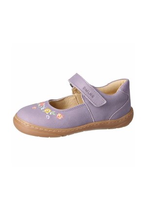 Purple children's Mary Jane shoe with embroidered multicolor flowers and a brown rubber sole, featuring a hook-and-loop strap closure.