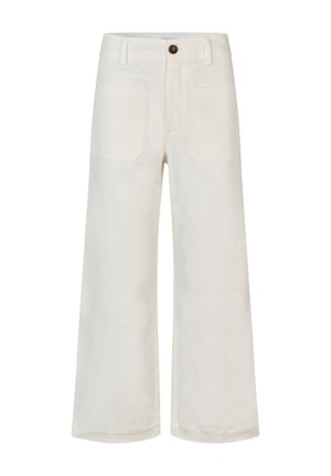 White wide-leg trousers made of cotton, featuring a button closure and two back pockets with a simple design and smooth texture.