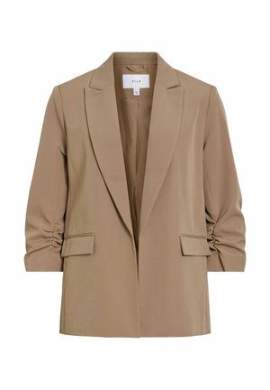 Blazer beige pour femme avec manches trois-quarts froncées, revers crantés et deux poches à rabat à l'avant, étiqueté "VILA" à l'intérieur du col.