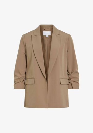 Beige kvinnelig blazer med rynkede trekvart ermer, hakkede slag og to frontlommer med klaff, merket "VILA" på innsiden av kragen.