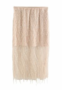 Beige midi skirt with sheer overlay featuring a diamond-shaped sequin pattern and a plain waistband.