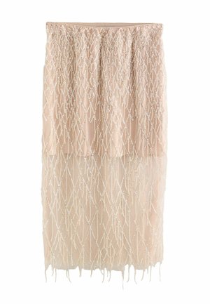 Beige midi skirt with sheer overlay featuring a diamond-shaped sequin pattern and a plain waistband.