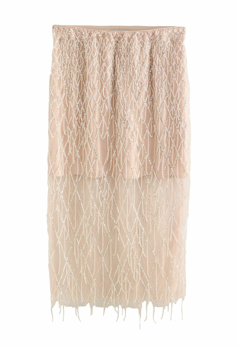 Beige midi skirt with sheer overlay featuring a diamond-shaped sequin pattern and a plain waistband.