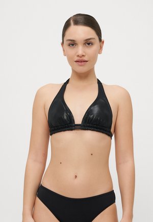Black bikini top with a shiny, textured finish. Triangle cups, halter neck design, gathered elastic band, and matching black bottom.