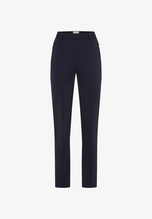 Pantaloni tailored blu navy con una texture liscia, vita aderente, tasche laterali e una cintura con un motivo sottile. Design classico a gamba dritta.