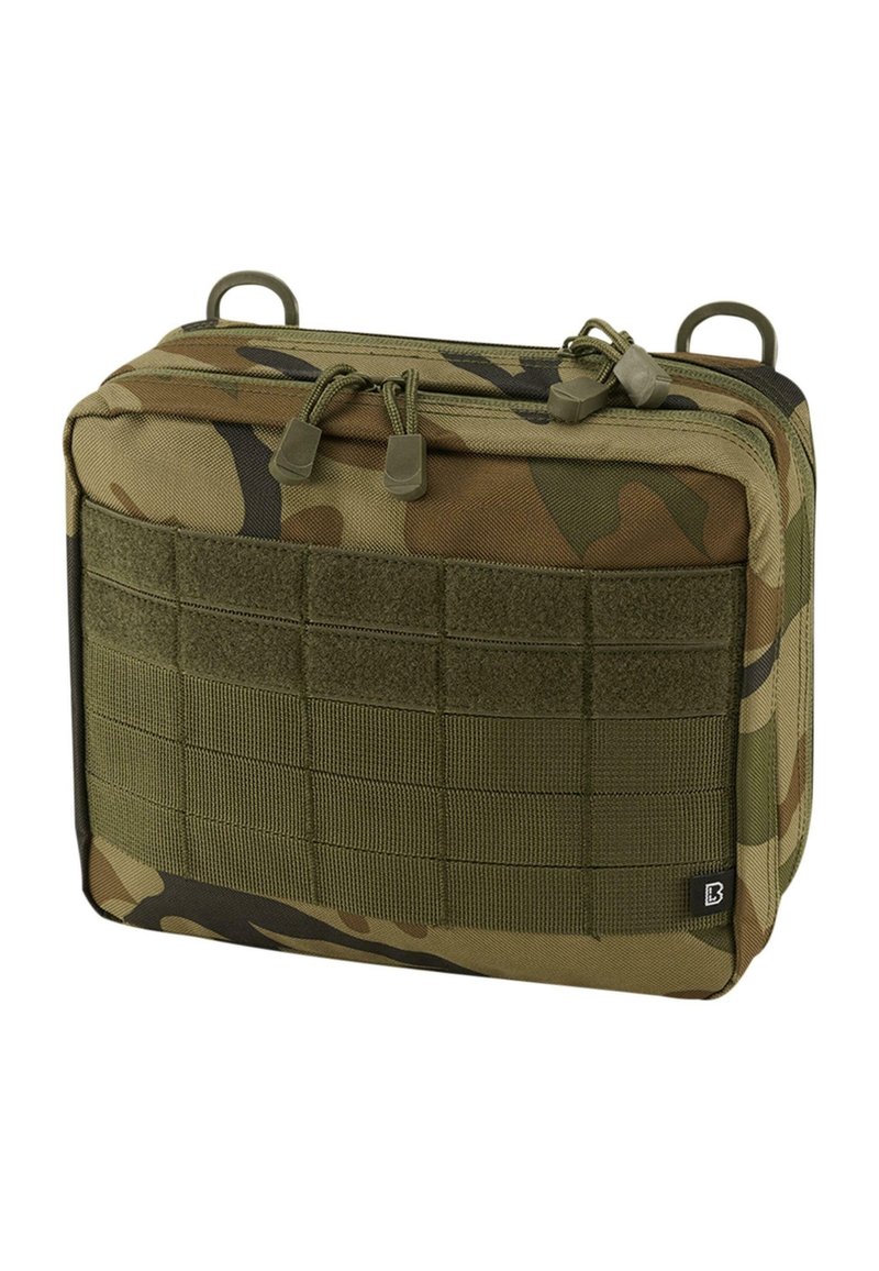 Geantă utilitară de camuflaj fabricată dintr-un material durabil, având un design dreptunghiular, închideri cu fermoar și un panou frontal cu curele pentru atașamente.