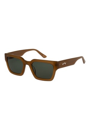 Lunettes de soleil rectangulaires marron avec des verres foncés et une monture solide, inclinées pour montrer les deux branches sur un fond blanc.