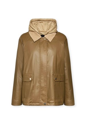 Giacca in pelle marrone con cappuccio, dotata di un colletto in cotone a coste color beige, due tasche anteriori e chiusure a pressione. Tessuto liscio con una vestibilità comoda.