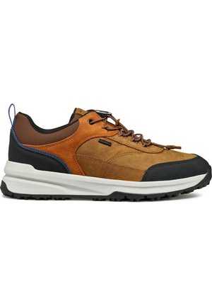 Zapatos de senderismo marrones y negros con parte superior de ante y sintético, cordones texturizados, cuello acolchado y una suela de goma resistente para mayor tracción.