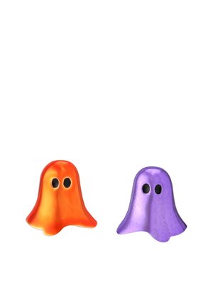 Two translucent ghost shapes, one orange and one purple, each with two black eye holes on a white background.