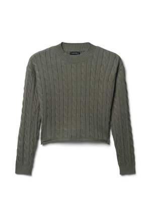 Maglione verde a treccia, design cropped, scollatura rotonda, maniche lunghe, motivo testurizzato, materiale morbido, dettagli di cucitura visibili.