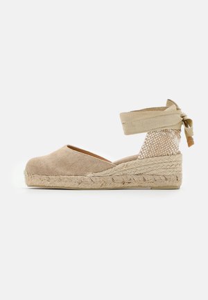 Beige espadrille -kiilakorkokenkä, jossa on suljettu kärki, punottu juuttipohja ja nilkan ympärille sidottava nauha valkoisella taustalla.