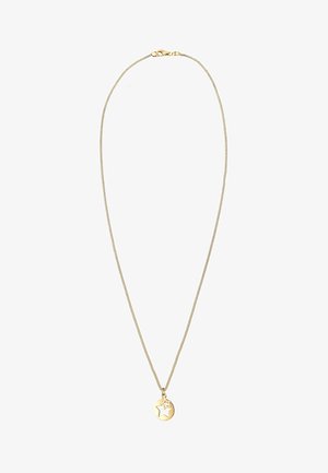Goldkette mit einer runden Anhänger, der ein ausgestanztes Sternmotiv aufweist. Die Kette hat eine feine, strukturierte Oberfläche und einen Karabinerverschluss.