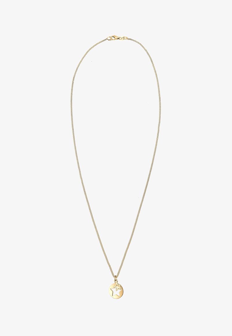 Guldkæde med en cirkulær vedhæng, der har et udsnit af stjernedesign. Kæden har en fin, tekstureret overflade og en lukning med en hummerlås.
